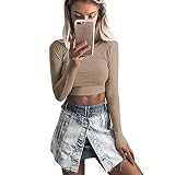 VECDY Frauen Pullover,Schwarzer Freitag Herbst und Winter Mode Frauen Langarm Oansatz Enge Elastische T-Shirt Blusen Crop Tops Pullover mit Langen Ärmeln Bluse Schlinge Oben