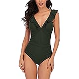 FLYILY Costumi da Bagno Intero con Volant per Le Donne con Scollo a V Profondo Increspato Imbottito