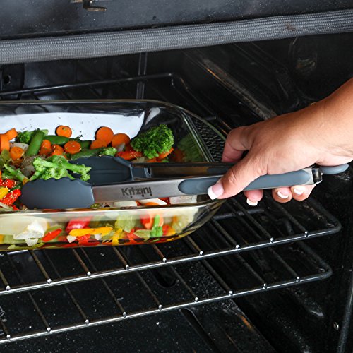 KÜCHENZANGE aus edelstahl mit silikon, der praktische Küchenhelfer zum Kochen + Grillen, hitzebeständige, antihaft-beschichtete Pfannenzange oder Spaghettizange, 2 Stück mit Silikon-Ofenhandschuh - 9