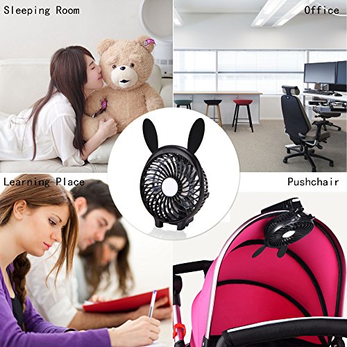 USB Ventilator, ESGOALS Mini Ventilator mit Kaninchen Ohren, Handventilator Tischventilator 3 Einstellbare Geschwindigkeitsstufen 2000mAh Kapazität mit USB Ladekabel (Schwarz) - 7