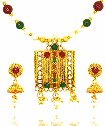 Aashya Mayro Rajwadi High Gold Plating Big Pendant Maroon and Green Stone Studded, Pearl And Beads Necklace with Matching Jumki Earring For Women Girls
