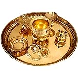 in Golden Shed, Made of Brass Pooja Thali - 22 cms Diameter, with a Small 5.5 cms Lota of Brass