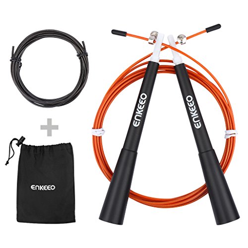 Enkeeo Profi Springseil Speed Rope mit 1 Ersatzseil leichtes verstellbares Stahlseil, Ideal für Sport & Fitness, Boxen, MMA, Faszien Training, Crossfit, WOD mit Transporttasche