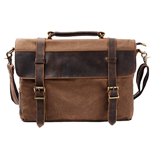 S-ZONE 14 Inch Vintage Aktentasche Arbeittasche Messenger Bag Umh  ngetasche Schultertasche Laptoptasche aus Canvas Leder  Kaffee 