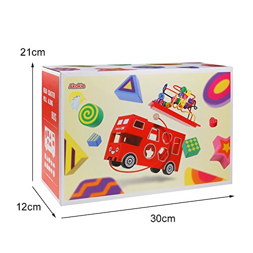 Wooden Bus, Red Bus Toy, Kids Bus, Bus Sorter, 4 in 1 Wooden Shapes Sorter Pull Along Toy for Children Aged 3 4 5 6