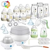 1 x MAM Steriliser & Wärmer 6in1 Paket; 1 x MAM neue Milchpumpe Model 2019 1 x Pack MAM Hygienetüche; 1 x NIP Flaschenbürste Kratzschutz; 2 x komplette MAM Anti-Colic Flasche 130ml; 2 x komplette MAM Anti-Colic Flasche 160ml; 4 x einzelner MAM Anti-Colic Flaschenkörper 260ml; 4 x MAM Anti Colic Silikonsauger Gr.1 - ab 0 Monate; 2 x MAM Anti Colic Silikonsauger Gr.2 - ab 2 Monate; 4 x Verschlussplättchen; 1 x MAM weicher Trinkschnabel;