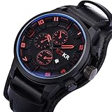 Herren Uhr KZKR Leder Armbanduhr Analog Quarz Uhren Braun Schwarz Herrenuhr mit Datum Funktion (Schwarz)