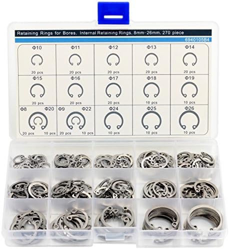 Retaining Rings for Bores,Internal Retaining Rings Circlip Assortment Kit,C-clip,Stainless Steel,270 Piece