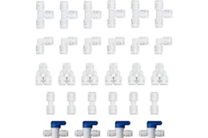 HUAZIZ 28 Pcs 1/4" 6mm Raccordo Filtro Acqua ad Osmosi Inversa per Filtri per Acqua pura/Tubo del Frigorifero/Osmosi Inversa (Y + T + I + L Tipo + Valvola di Chiusura) Nessuna Fibbia Blu