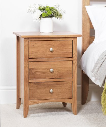Edward Hopper oak bedside table (3 drawer), ASSEMBLED bedside cabinet, easy glide metal runners