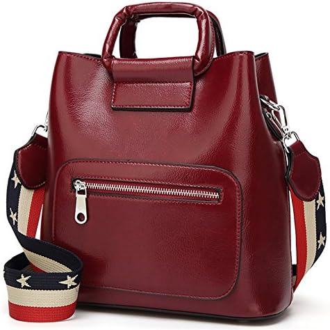 XinMaoYuan Autumn And Winter Oil Wax Leather Bag Handbag Vertical Buckets Zipper Solid Color Handbags,Wine Red