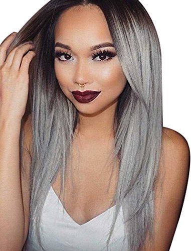 Tsnomore Long Silky Black to Grey Straight Ombre Synthetic Wig