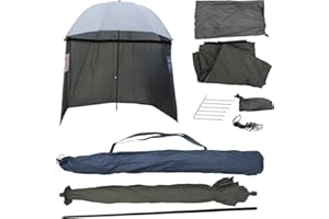 PHOENIX 91409 - Ombrellone da pesca, Ø 250 cm, con mantello e picchetti, protezione pioggia, vento, sole UV e freddo, 3 uomini e bagagli alla carpa + custodia inclusa, verde scuro, S