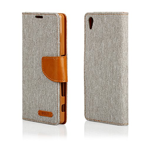 EGO® Luxury Bookstyle Handy Tasche mit praktischer Aufstellfuntkion für Sony Xperia Z5 Grau Flip Case Magnetverschluss Book Cover mit Kartenfach Wallet Stand Schutz Hülle Canvas - 6