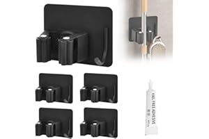 PEALOVCOM 5 Piezas Soportes Organizadores de Escoba con 5 Pegamentos Colgadores de Escobas Adhesivos de Acero Inoxidable Soporte de Fregonas de Pared para Recogedores Cepillos para Baño Balcón