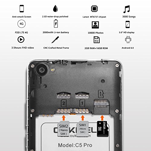 OUKITEL C5 Pro - Smartphone 4G 5.0''HD (FDD-LTE, Android6.0, 5.0MP+2.0MP doppia fotocamera, 16GB ROM+ 2GB RAM, MTK6737 quad-core 1.3GHZ), argento