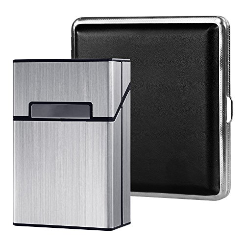 Preisvergleich Produktbild Rovtop 2er Zigarettenetui Aluminium Zigarettenetui mit Magnetische Schnalle Zigaretten Schachtel und schwarz Leder Zigarette Box Zwei Modelle