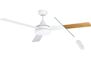 ‎EGLO EGLO Deckenventilator SESIMBRA, 3 Flügel Ventilator mit Licht, weiß, Wendeflügel aus Schichtholz Eiche oder weiß, Fernbedienung, Sommer Winter Betrieb, warmweiß–kaltweiß, dimmbar, AC Motor, Ø 132cm