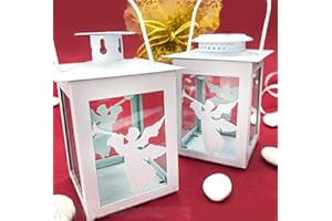 Ingrosso e Risparmio Porta Candele Lanterna in Metallo Bianco, Anche con LED, con sagoma angioletto musicante, bomboniere Battesimo Maschio Femmina (E1T12387 - No LED-con Confezione Bianca)