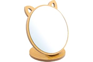 TOLENRE Espejo De Escritorio De Madera, Espejo Tocador Redondo, Espejo De Mesa Plegable, Espejo De Mesa con Pie, Espejo Maquillaje Madera, Espejo De Maquillaje De Orejas De Gato, para Tocador, Cuarto De Baño