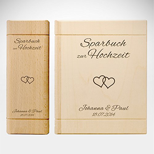 Spardose Buch aus Holz mit Gravur zur Hochzeit - Motiv Herzen – Personalisiert mit Namen und Datum - Sparbuch als Hochzeitsgeschenk - Geldgeschenk-Sparbüchse aus Ahornholz - 13,5 x 16,5 x 6,5 cm