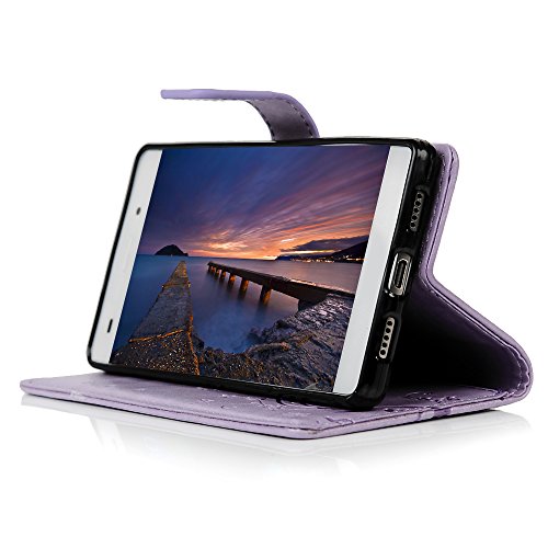 Funda Huawei P8 Lite  Versi  n 2015   Carcasa Libro PU Premium Leather Cuero impresi  n - Mavis s Diary Flip Case Cover Con TPU Goma Flexible Cierre Magn  tico Funci  n de Soporte Billetera con Tapa - Dise  o de Mariposa y flor P  rpura claro