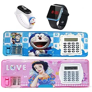 IZU Multipurpose Magnetic Pencil Box with Calculator, Dual Sharpener for Girls & Boys for School, Big Size Cartoon Printed Pencil Case with teddy +square digital Watch for Kids.pack of -4 (DORA+BARBIE)