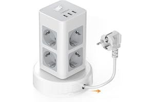 TESSAN Regleta Enchufes con Cable Telescópico, Torre Enchufes Vertical 8 Tomas de CA Corrientes y 3 USB, Alargador 2 Metros, Regleta USB con Interruptor Gris para Mesa, Oficina, Casa