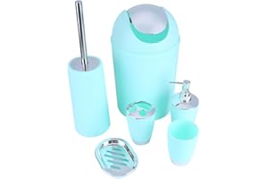 WAKECTS Zestaw akcesoriów łazienkowych, 6 sztuk zestaw do kąpieli, mydelniczka, uchwyt na szczoteczkę do zębów, kubek do płukania butelek, pojemnik na śmieci, szczotka toaletowa, praktyczny zestaw toaletowy do mycia domu