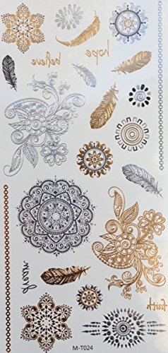 5 Bögen Metallic Tattoo Flash Tattoo Aufkleber Einmal Tattoo Gold und Silber Schmuck Tattoos Viele Schöne Motive - 2