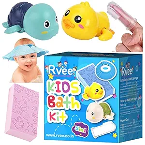 RVEE Kids Bath Kit 5 in 1 Baby Shower Gift Set Bath Toys - Bath Sponge - Shampoo caps - Pack of 5 Different Essential Bathroom Products Accessories for Kids/Babies(0-3 Year Old), Multicolor