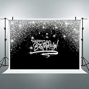 Riyidecor Silver Glitter Happy Birthday Backdrop Black Night Stars Party Photography Background 7Wx5H Feet Decor Props Photo Shoot Banner Vinyl Cloth