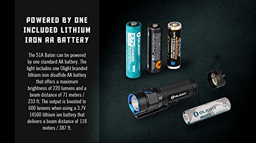 Olight® S1A Baton LED mini AA Taschenlampe max. 600 Lumen mit Cree XM-L2 LED – inkl. 1 x 1.5V AA Batterie oder 14500 Akku, Schwarz - 6