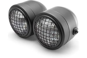 Alchemy Parts Retro Streetfighter Motorcycle Headlights | Motorbike Double Headlight Twin Dual bulb 35W | Custom Dominator Warrior Bandit Trike (Black with Grill)