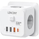 LENCENT USB Socket Cube with Quick Charge PD35W, Thief Plug 4000W | With 3 AC Outlets, 3 USB and 1 PD35W, Multi Wall Socket C