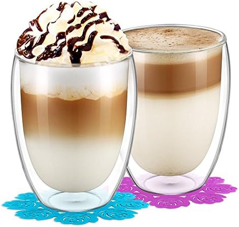 Glass Cups,BOQO 12oz Mugs,Heat-resistance Cup,insulated glasses,Double Wall Glasses and Coaster(350ml/Set of 2 )