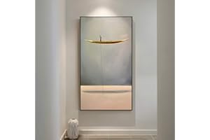 BVFRA Handgemalte Leinwand Bilder,Abstrakte Moderne Wandkunst Orient Gold Boot Und Männer Graue Flusslandschaft Nordische Vertikale Grafik Große Rahmenlose Coole Gemälde Wohnkultur Für Schlafzimmer Woh