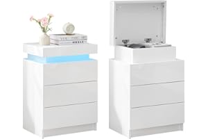 ‎TUKAILAI TUKAILAI Bedside Table Set of 2 with LED, Side Table, White, Bedside Cabinet with 3 Drawers, Modern Bedside Cabinet for Living Room and Bedroom, 45 x 35 x 67.5 cm