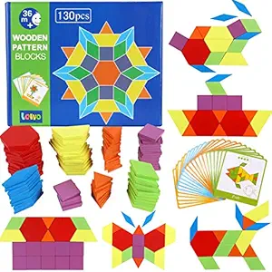 Lewo Wooden Pattern Blocks Classic Educational Montessori Toys Tangrams Set for Kids with 130 Geometric Shape Pieces and 24 Design Cards