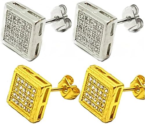 Vonchic Iced Out Gold Silver Tone Square Ear Stud Earrings - 2 Pairs (9mmx9mm)