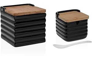 KCASA Salero y azucarero Cocina Ceramica con Tapa Madera para Cocina Factory (Negro)