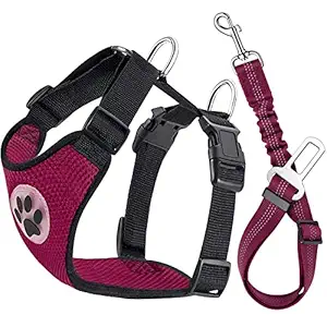 Lukovee Dog Safety Vest Harness Seatbelt, Dog Car Harness Seat Belt Adjustable Pet Harnesses Double Breathable Mesh Fabric Car Vehicle Connector Strap Dog (Small, Rose Red+Rose Red Seatbelt)