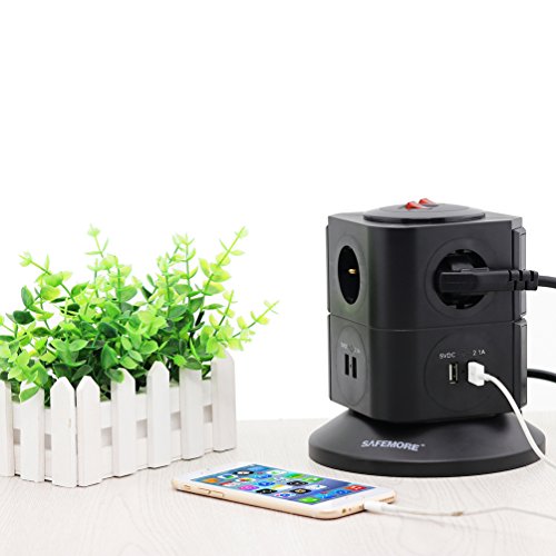 SAFEMORE Multipresa Ciabatta Elettrica con 4 Porte USB e 6 prese Elettriche EU con protezione termica per sovratensione. Le Porte USB per la Ricarica Supportano PC,Smartphone,Android Dispositivi (Nero + Nero, 4 USB & 6 Prese)