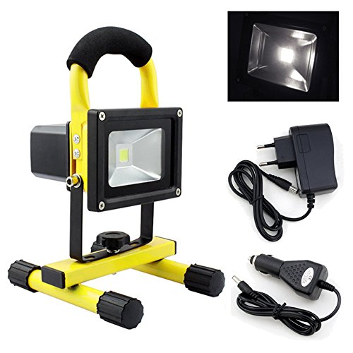 Hengda® 10W LED Fluter Akku Baustrahler Kaltweiß Handlampe mit Einem Auto-Ladegerät Außenstrahler Ultra Helle, Gelb
