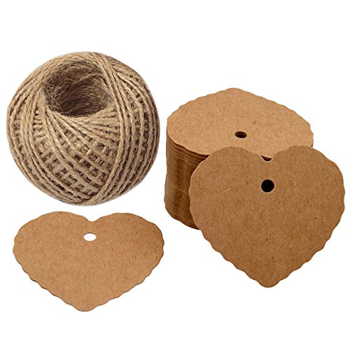 100 Stück 6 CM * 5.5 CM Shabby Chic Kraftpapier Etiketten Tags“Form des Herzens”Papieranhänger Hängeetiketten Anhängeetiketten mit Jute-Schnur 30 Meter (Braun)