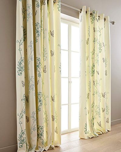 Thea Green (Teal) Pair Of 90" x 90" Ring Top Eyelet Lined Curtains With Floral &amp; Butterflies Print Design
