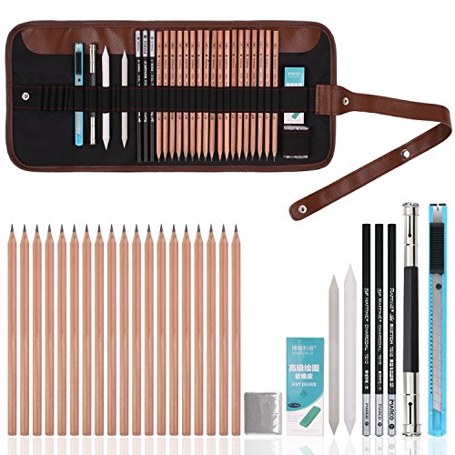 SOLEDI 18pcs Skizze Bleistifte Radiergummi Holzkohle Bleistift Papier Pen Set Papierfederzeichnung mit Tasche Zeichenset Art Set