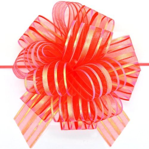 Organza Pull Bows (x2) RED Large 6" Pom Pom Pull Bow