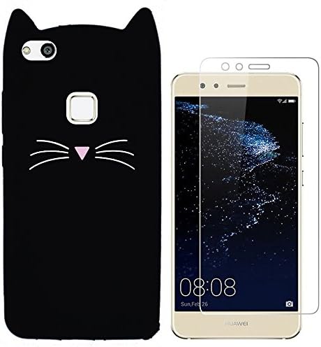 Hcheg 3D Silicone Protective Case Cover for Huawei P10 lite Cover cat Design Black Case Cover + 1X Screen Protector