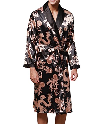 Preisvergleich Produktbild Herren Seide Pyjamas Langärmelige Nachthemden Bademantel Trainingsanzug Chinesische Drucke,Black-M